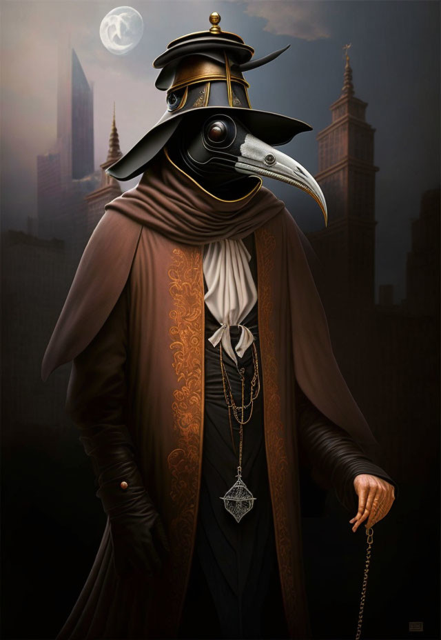 Plague doctor costume illustration in moonlit cityscape