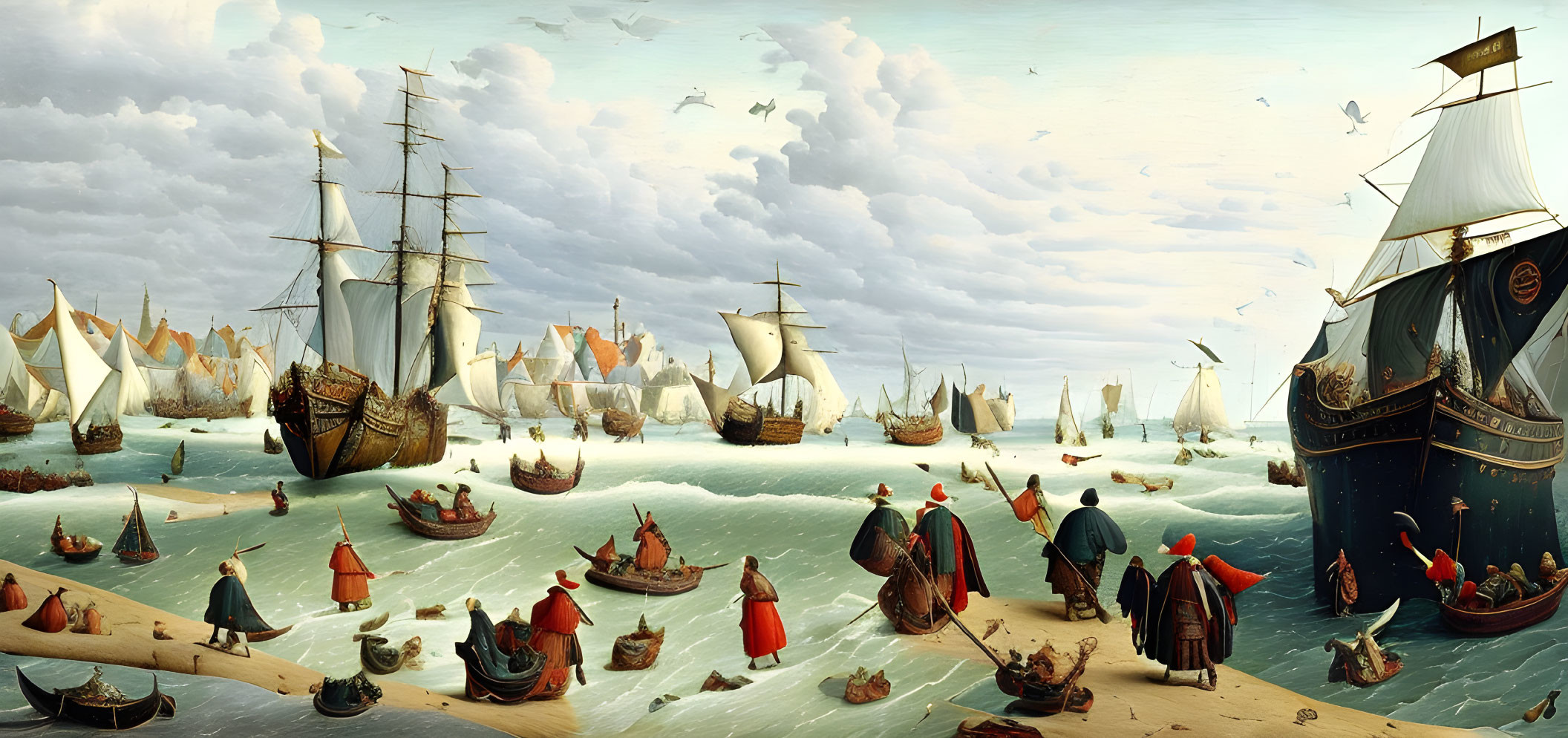 Panoramic maritime scene with ships of various sizes and ornate sails in a bustling sea