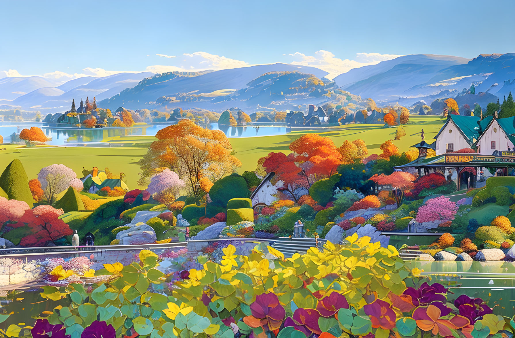 Colorful Garden Landscape with Lake and Mountains