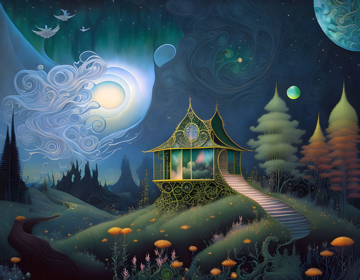 Nighttime illustration of glowing house on stilts, staircase, vibrant trees, fantastical mushrooms, planets