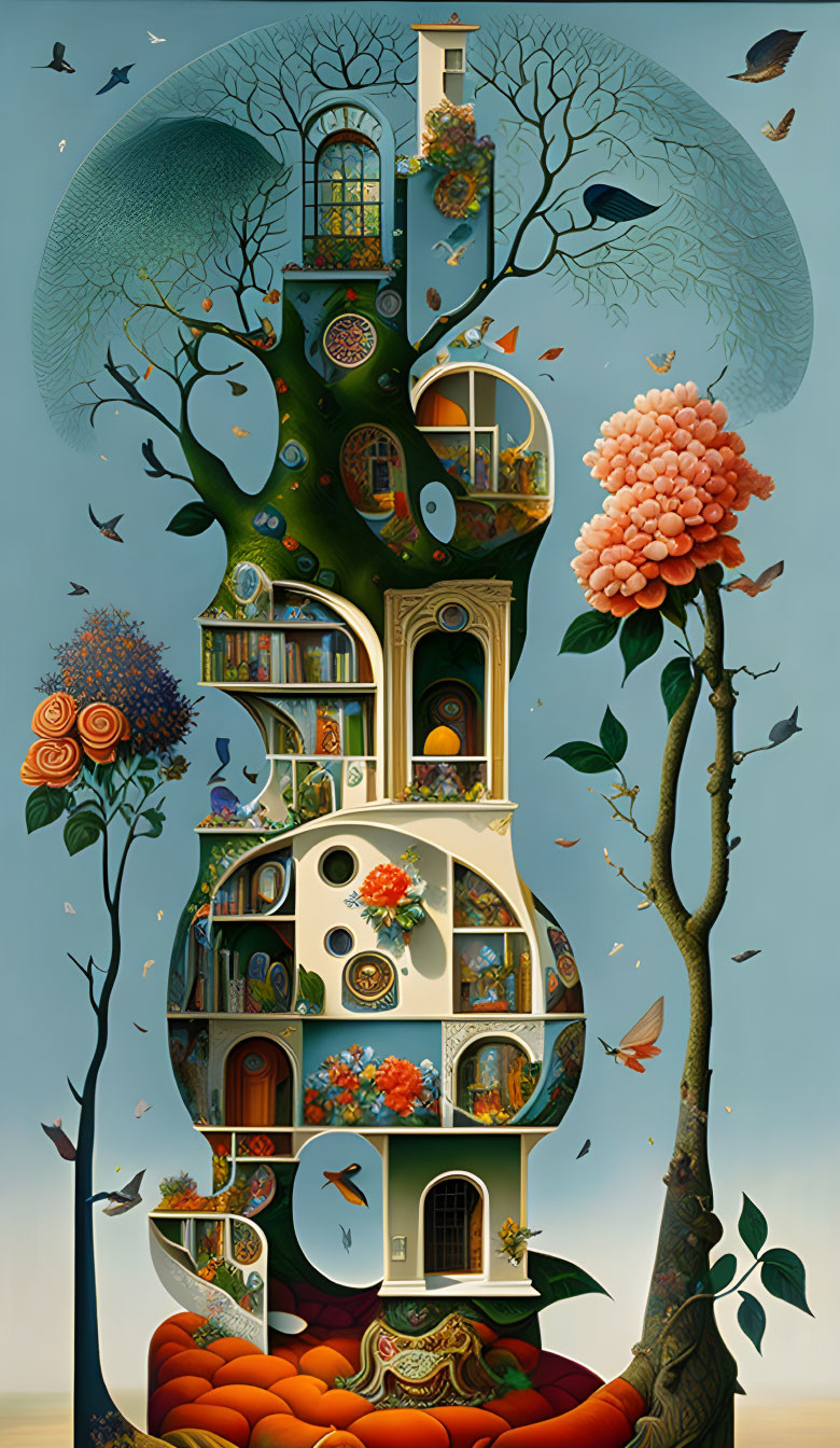 Illustration of whimsical tree-shaped building with round windows, birds, and vibrant flora on sky-blue