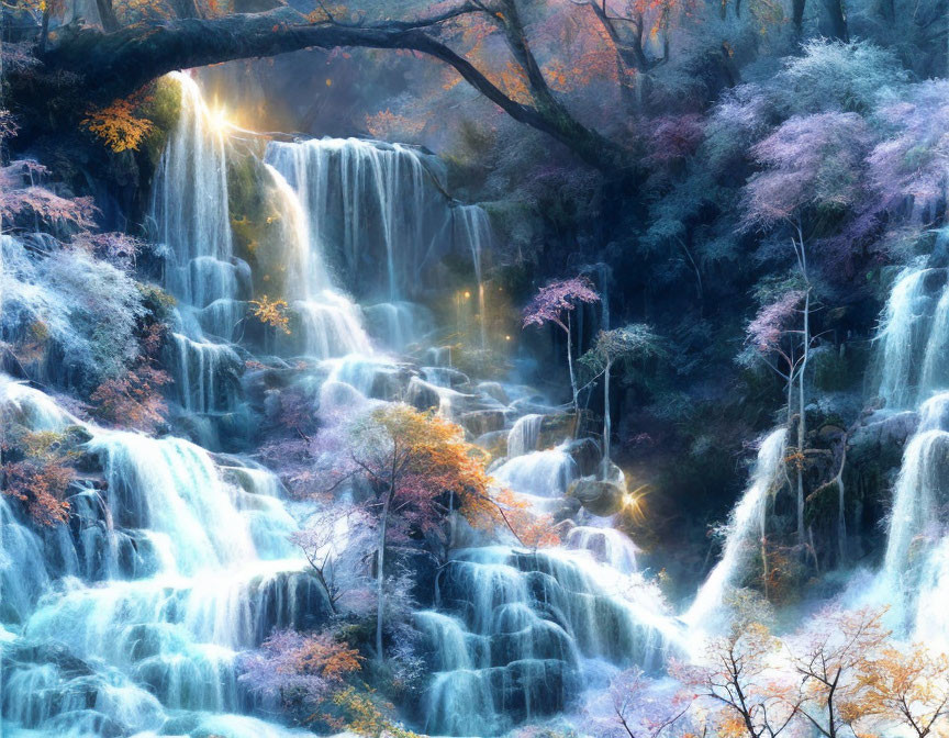 Tranquil waterfall in misty, colorful forest with soft sunlight