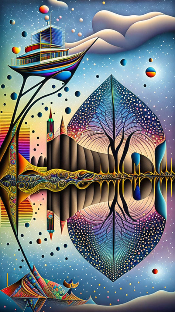 Vibrant psychedelic river scene with boat and trees