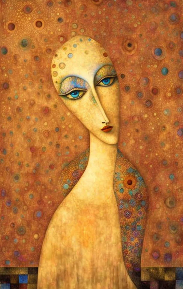 Stylized elongated figure with asymmetric eyes in warm-toned background