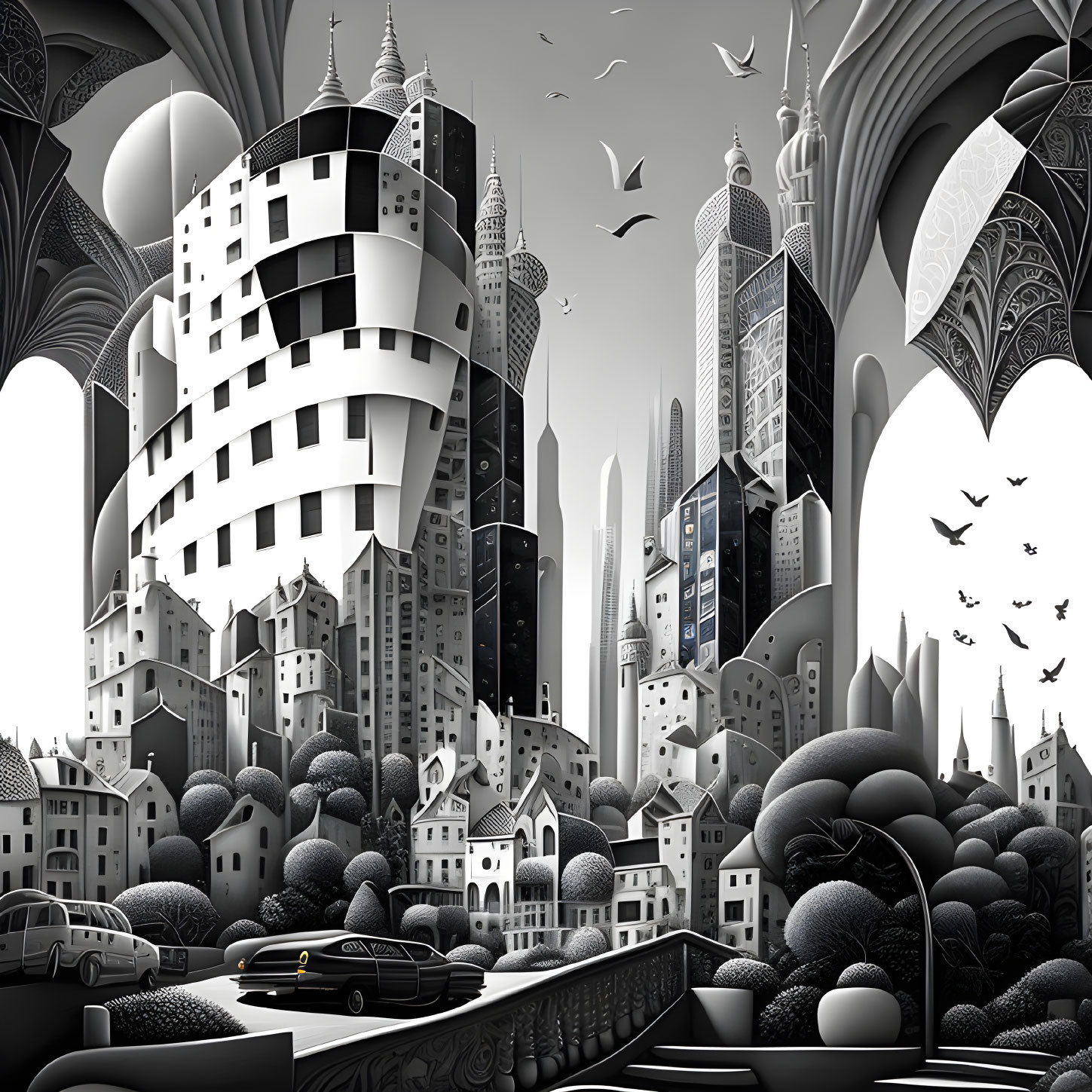 Surrealist monochromatic cityscape with distorted buildings and vintage car.