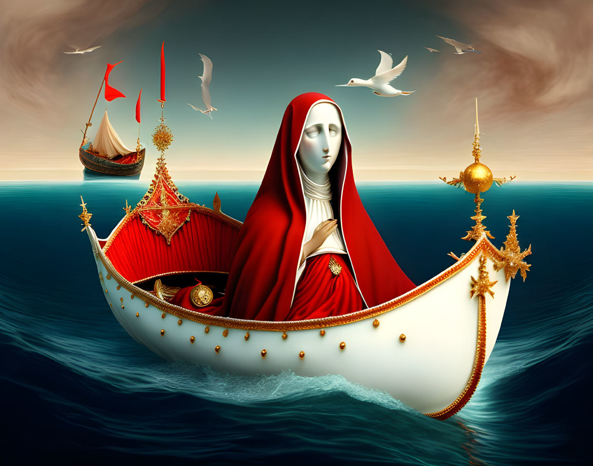 Surreal illustration of woman on ship sailing on calm sea