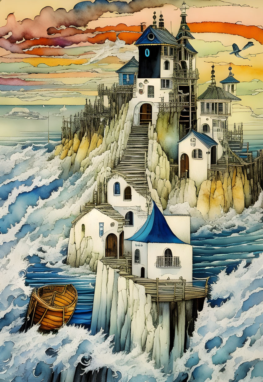 Detailed Fantasy Seascape with Clifftop Village & Colorful Sky