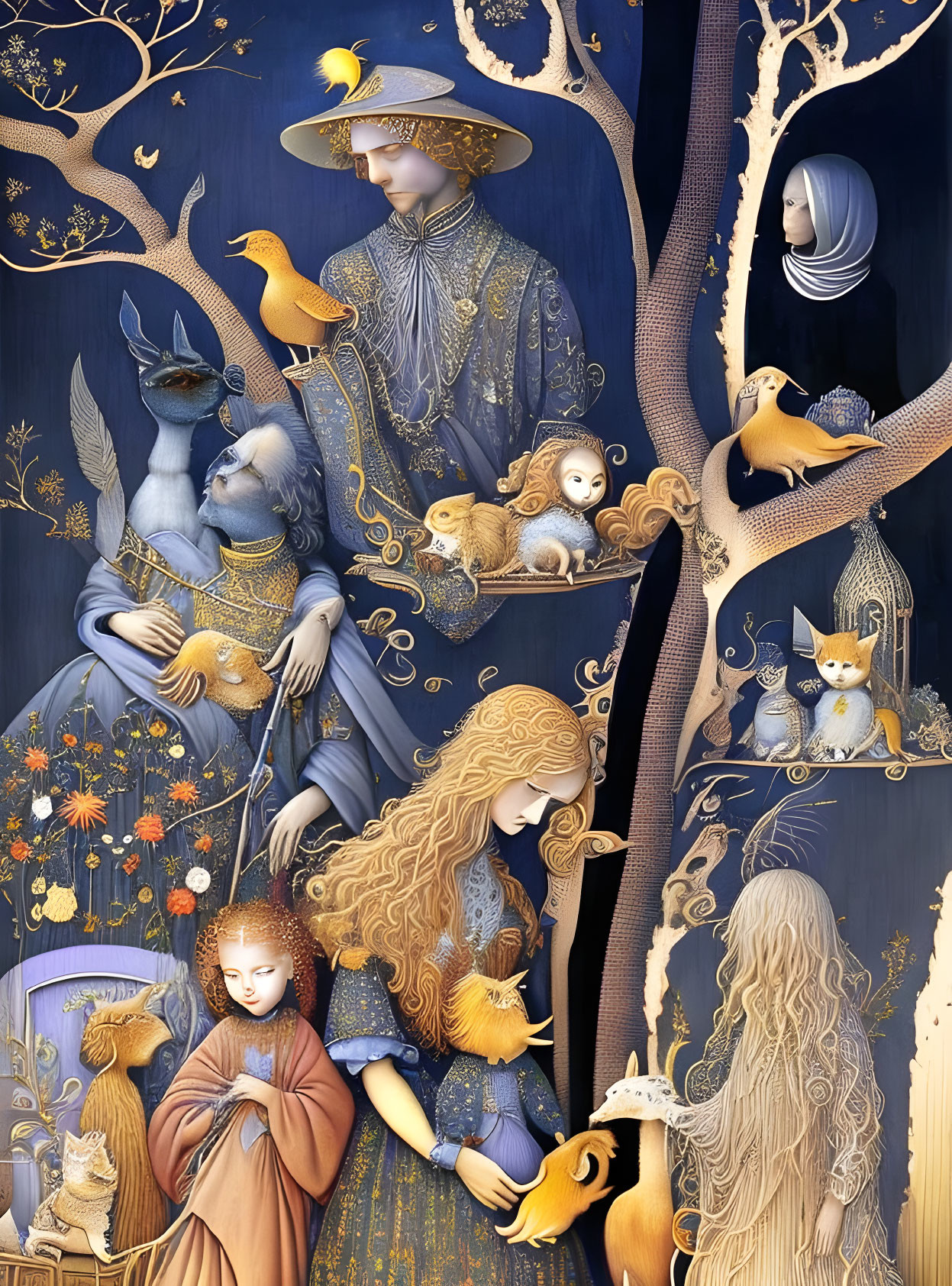 Detailed Illustration: Human-like Figures in Elaborate Costumes Interacting with Animals in Whims