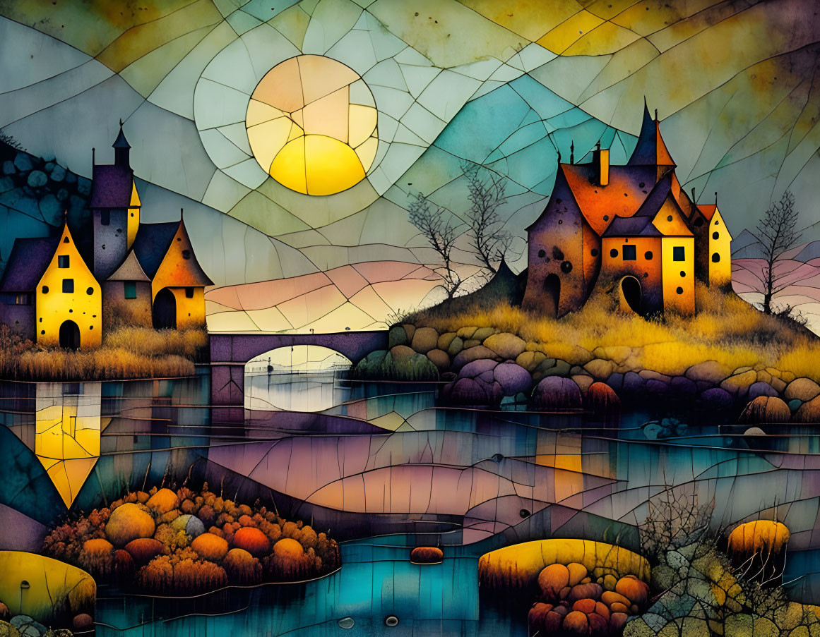 Colorful Imaginary Landscape with Whimsical Houses and Sun in Stained Glass Setting