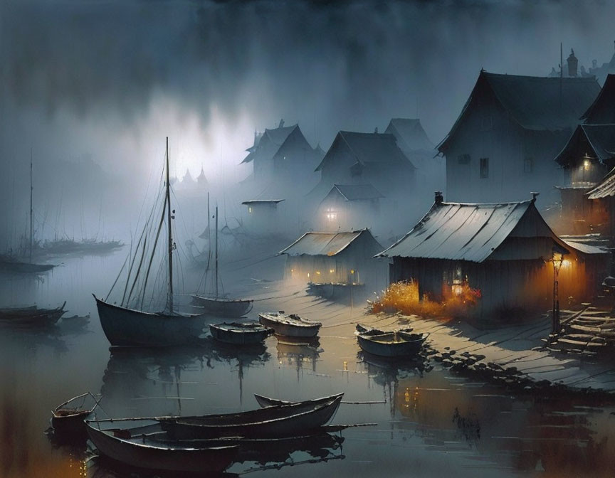 Twilight scene of misty harbor with sailboats and glowing lights