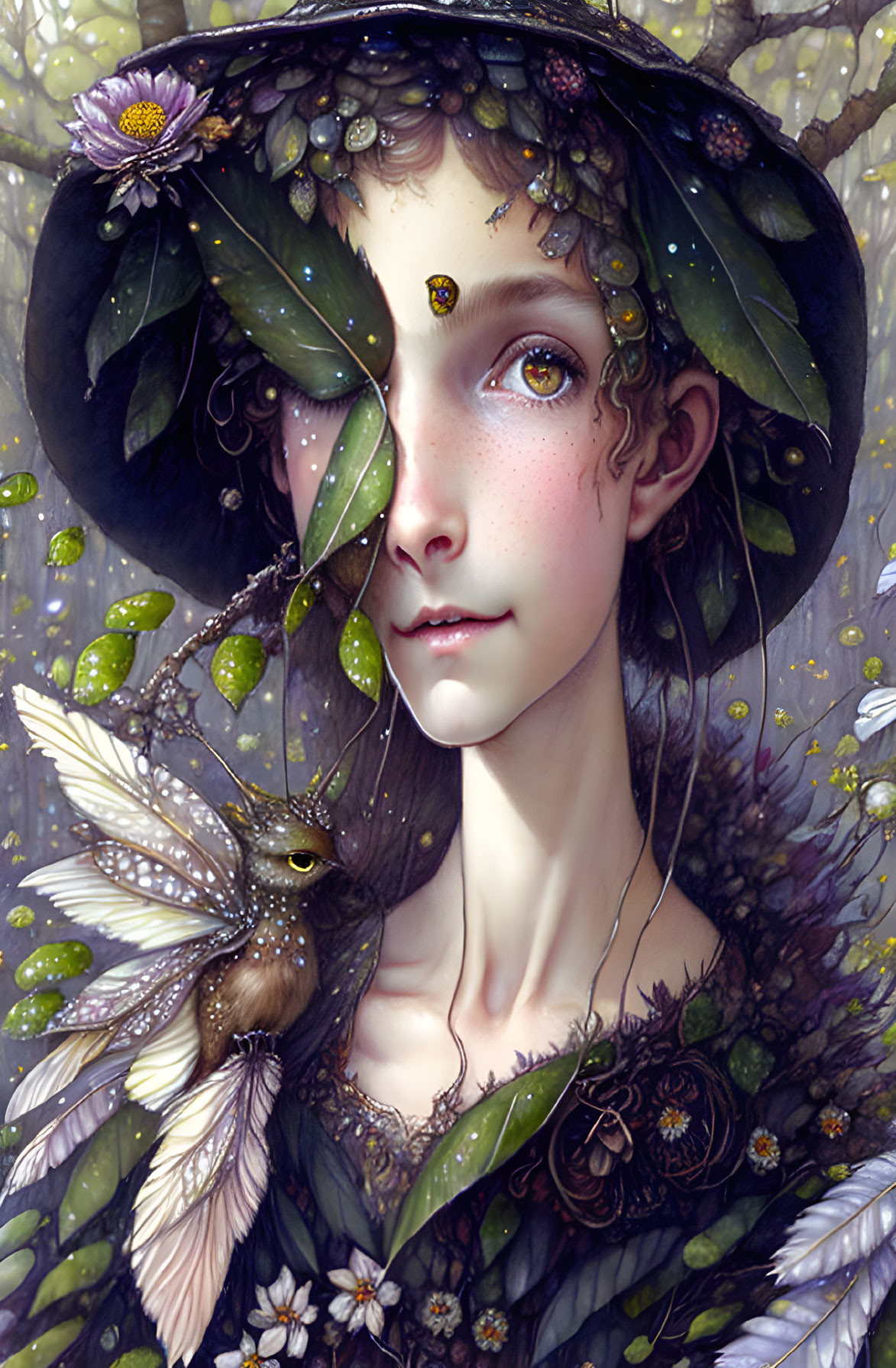 Detailed whimsical illustration of person with wide-brimmed floral hat, greenery, bird, and