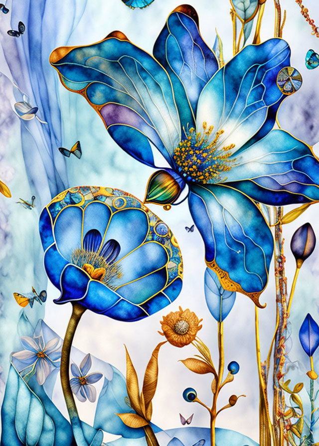 Stylized blue flowers and butterflies on pastel background