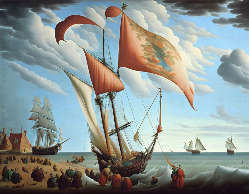 Maritime painting of large ship with red flag near shore