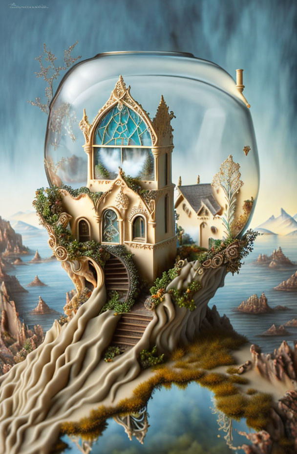 Fantasy castle in glass bulb with staircase and rocky landscape