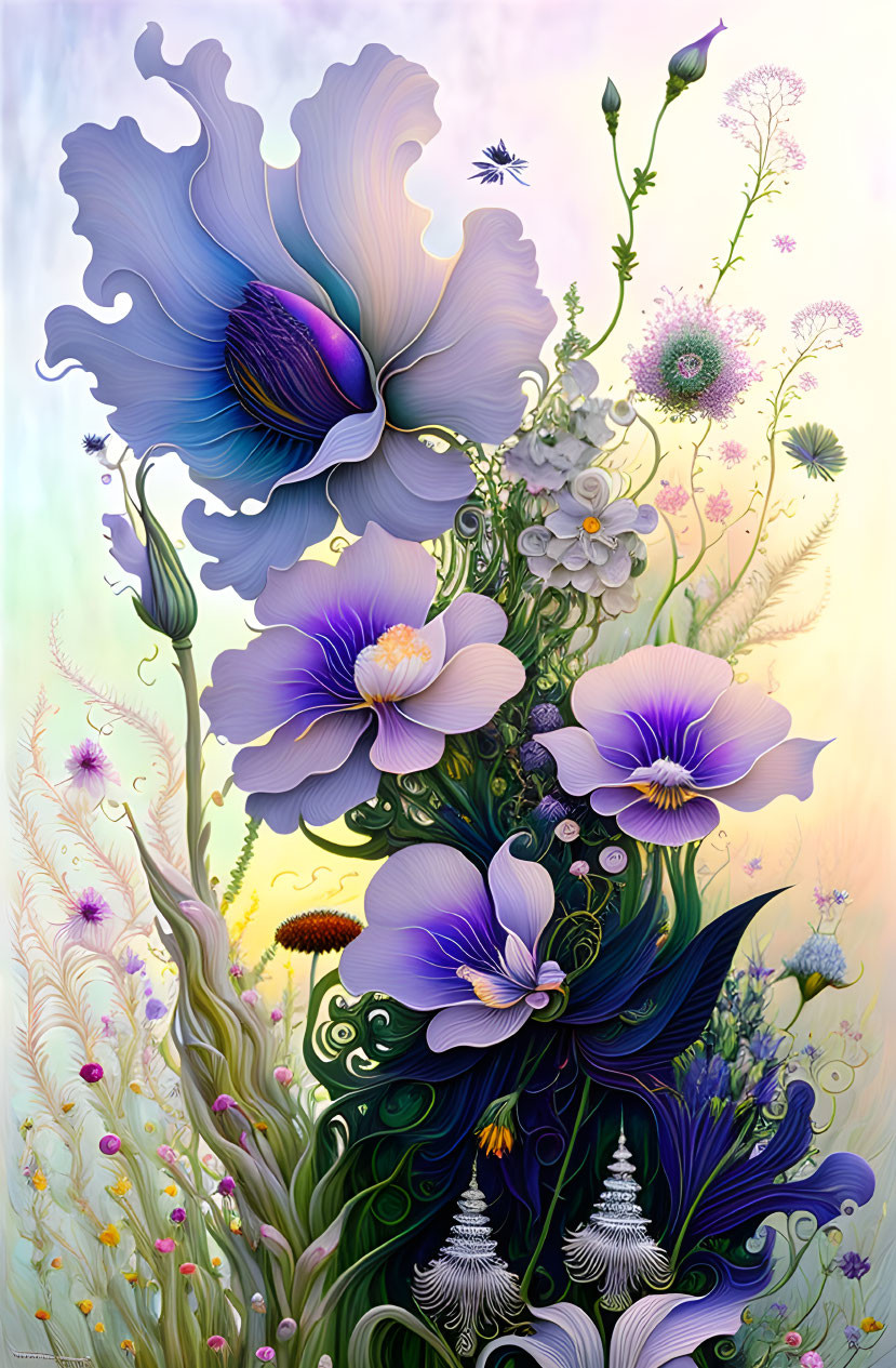 Stylized purple and blue flowers in intricate digital painting