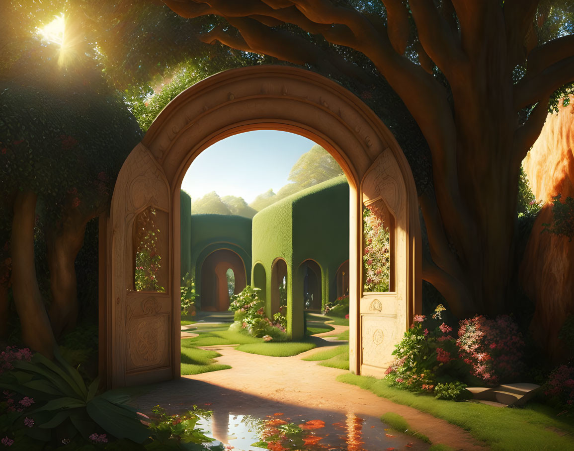 Tranquil fantasy garden with ornate doorway, lush greenery, arches, flowers, serene