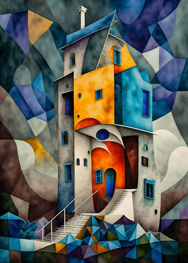 Vibrant illustration of multi-level house with abstract patterns