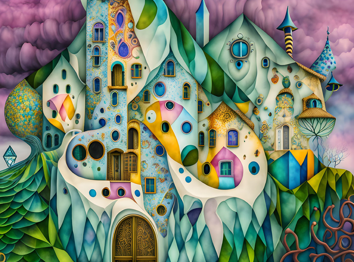 Colorful surreal architecture painting with dream-like elements