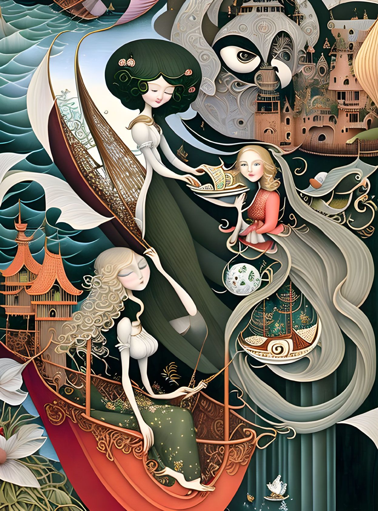 Fantastical art: Stylized women, fish boat, intricate patterns, whimsical architecture