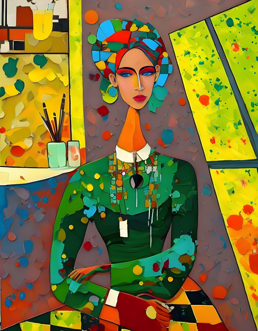 Vibrant Cubist-style painting of a woman with headpiece and palette