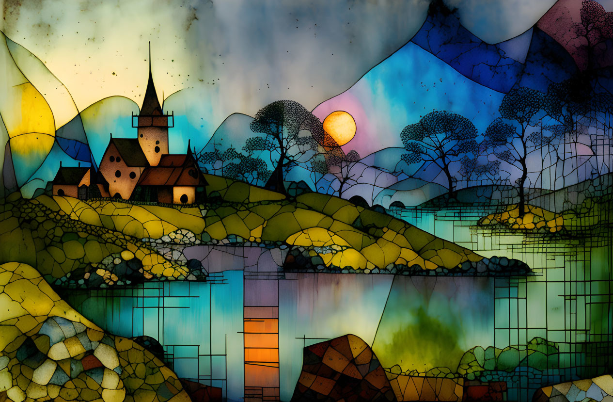 Colorful Stained Glass Style Village Illustration at Sunrise/Sunset