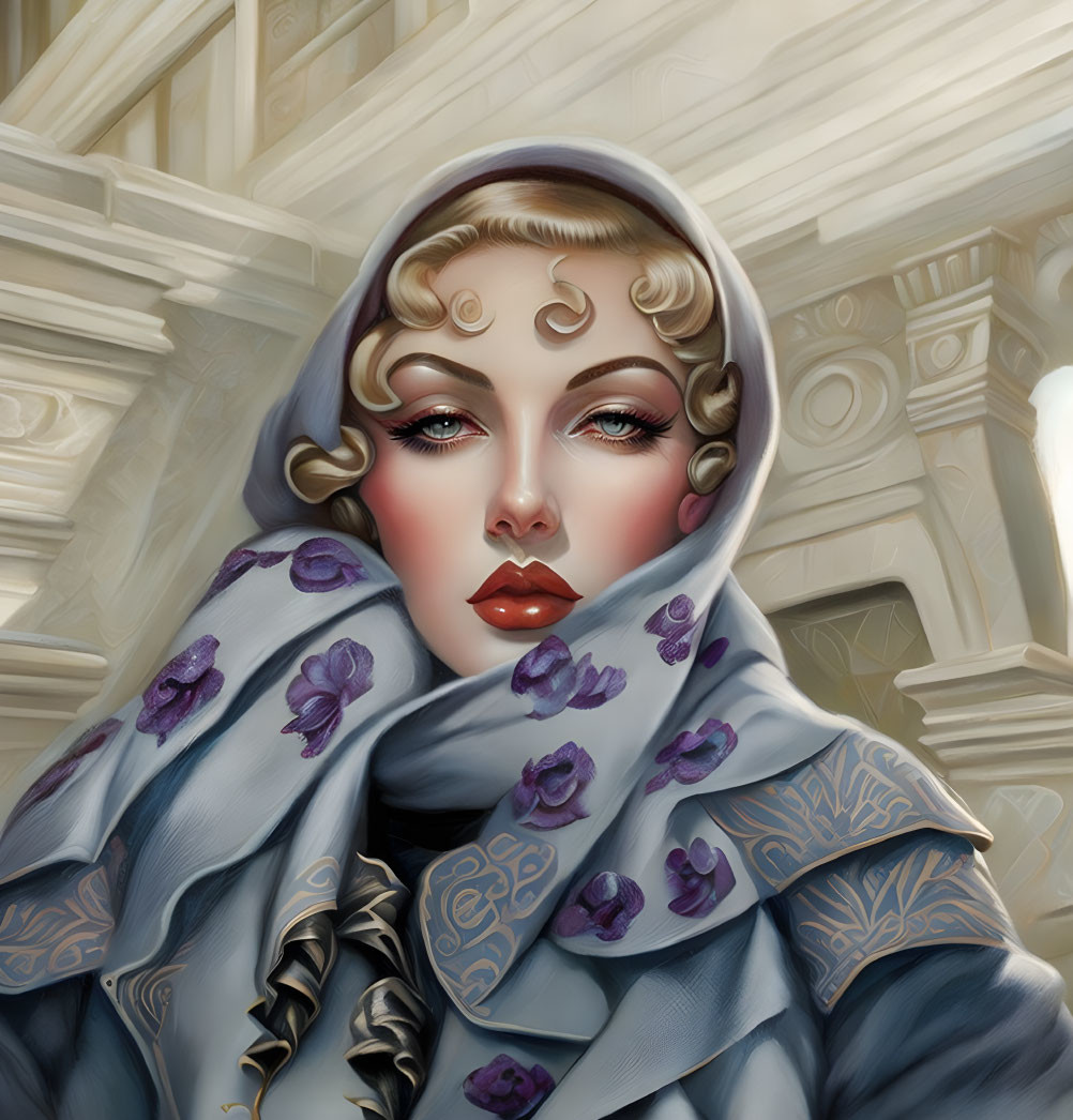 Digital portrait of woman with stylized makeup in hood and scarf with purple floral patterns, set against classical