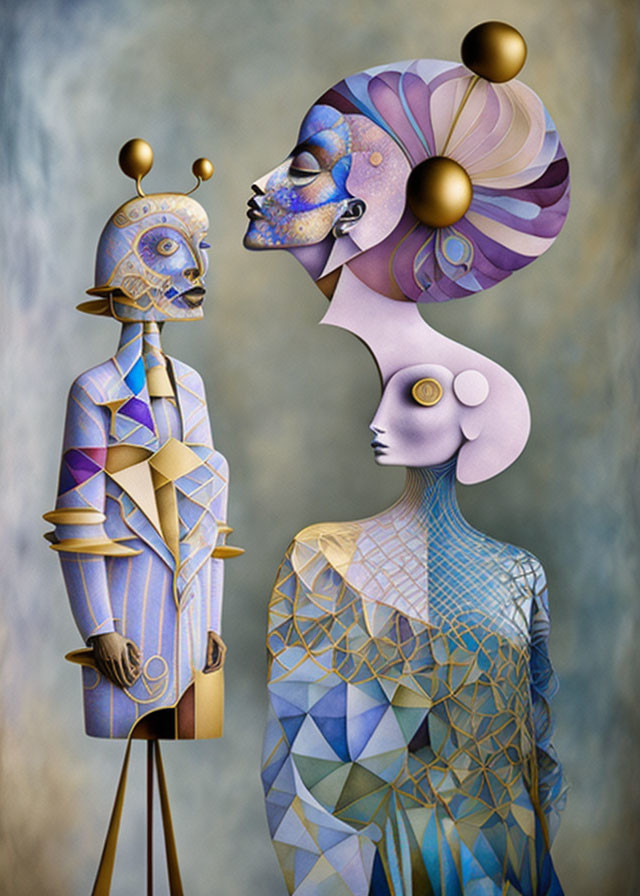 Stylized figures with geometric patterns and gold orbs on textured backdrop