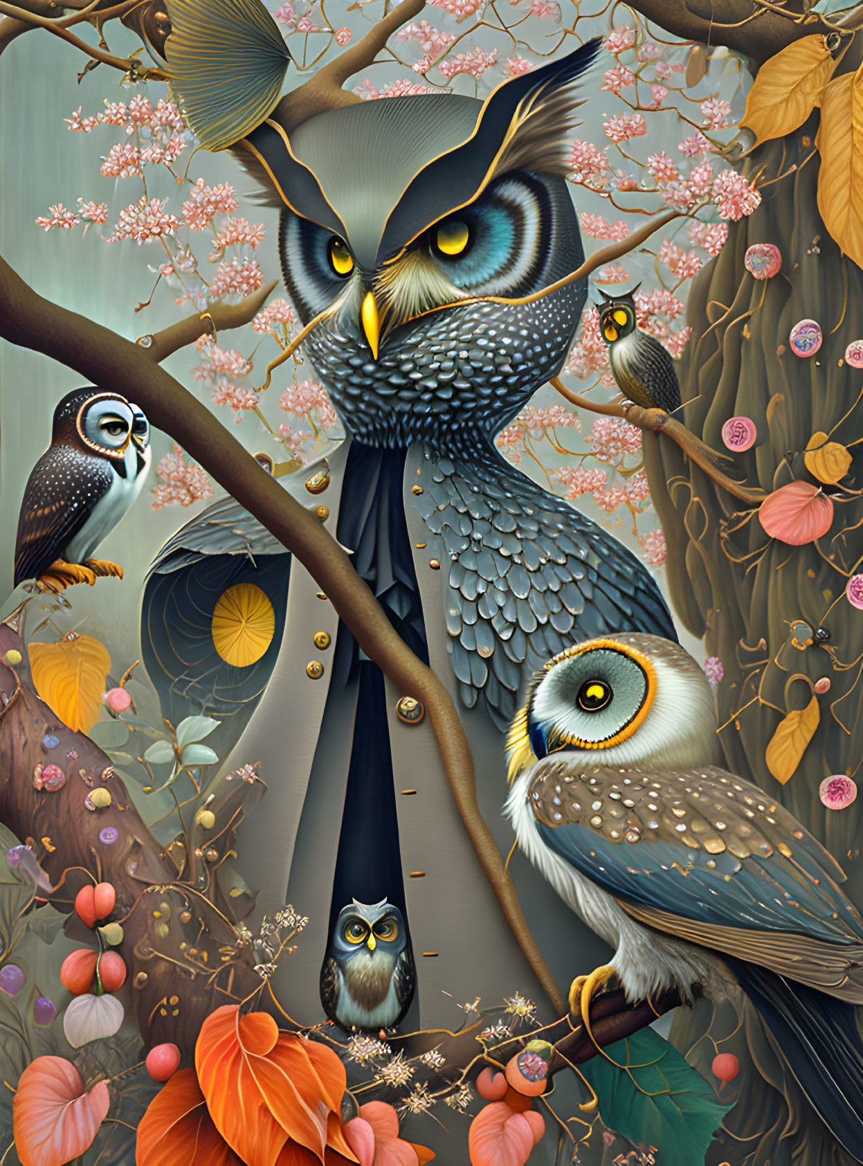 Colorful Stylized Owls Among Flowering Branches Illustration