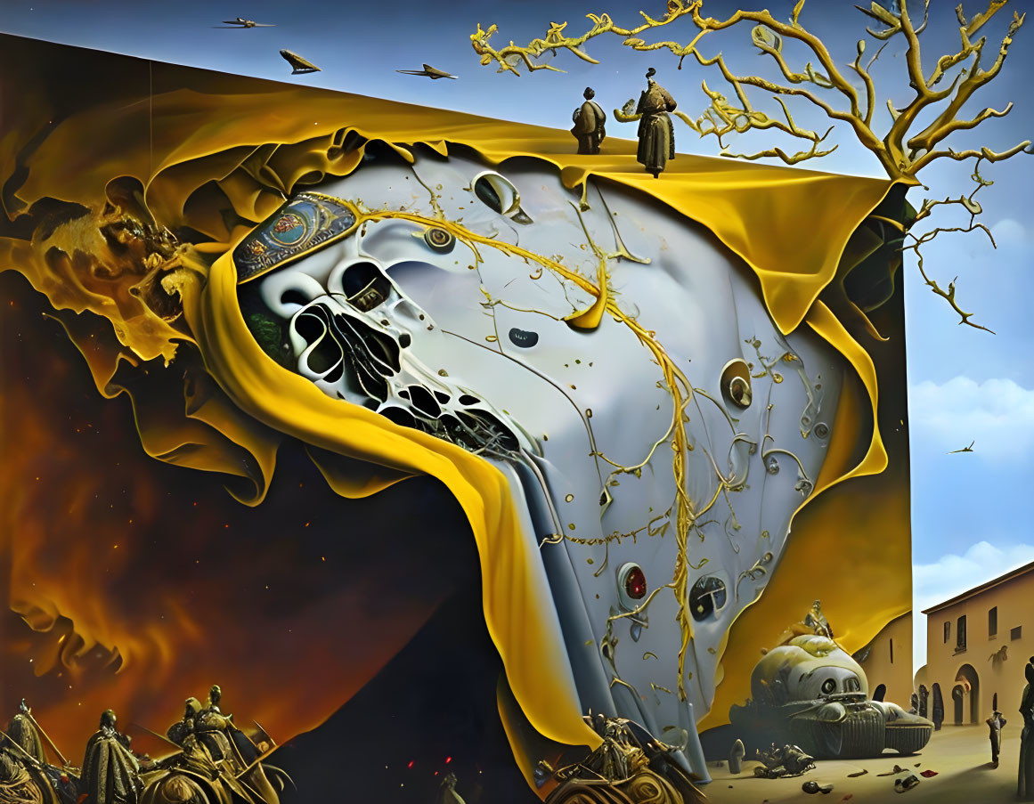 Surrealistic artwork: melting clocks, figures, dreamlike landscape