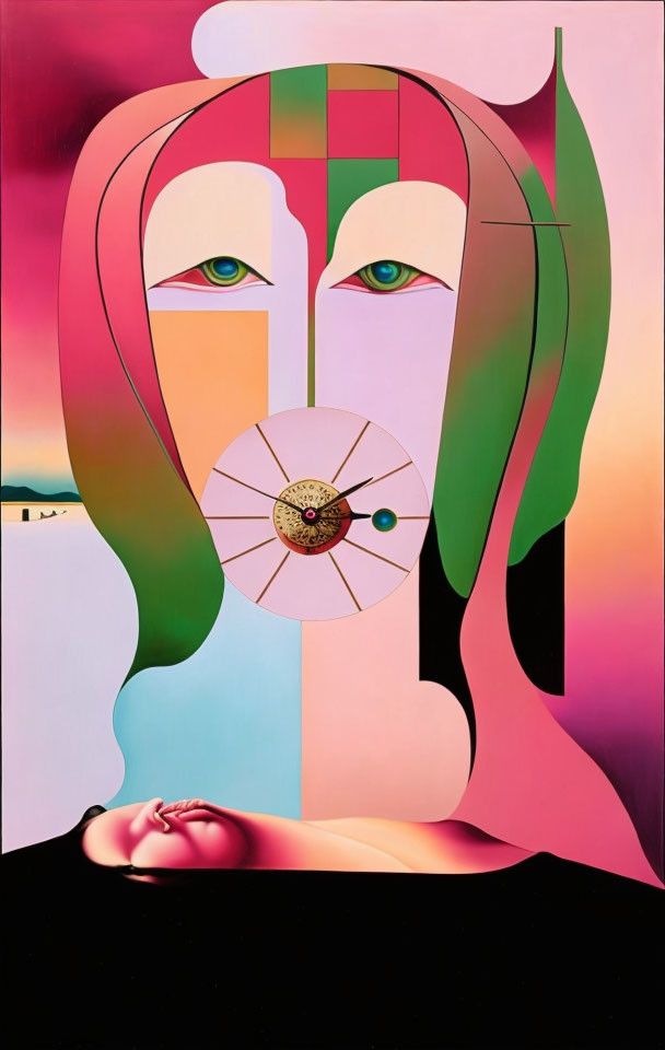 Colorful Surrealist Portrait with Clock and Tiny Figure