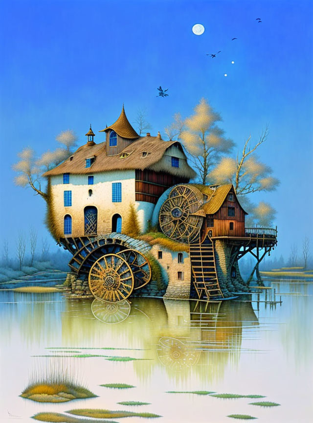 Whimsical multi-level house painting with waterwheels, autumn trees, twilight sky, birds,