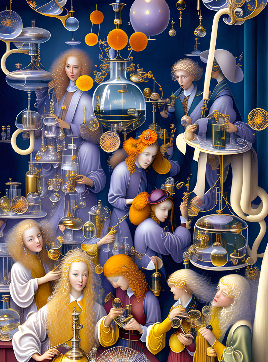 Surreal illustration: Golden-haired figures with celestial spheres on blue background