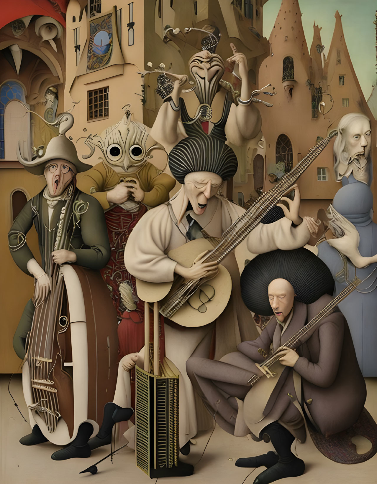 Whimsical caricature musicians playing instruments in surreal setting