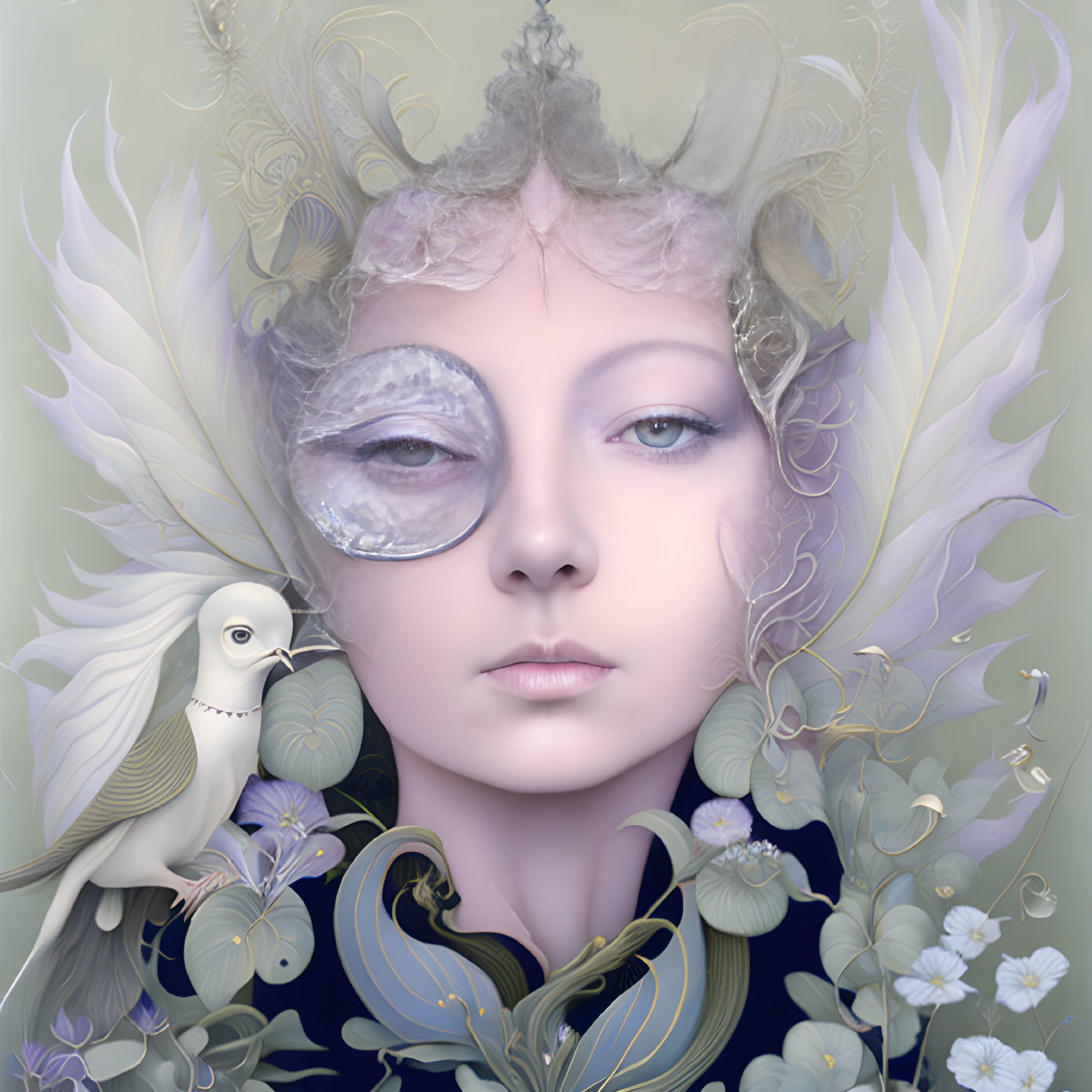 Ethereal portrait featuring pale-skinned figure with floral motifs and white bird