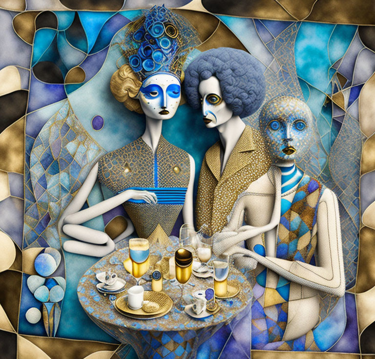 Stylized figures in blue and gold tones at a table with drinks