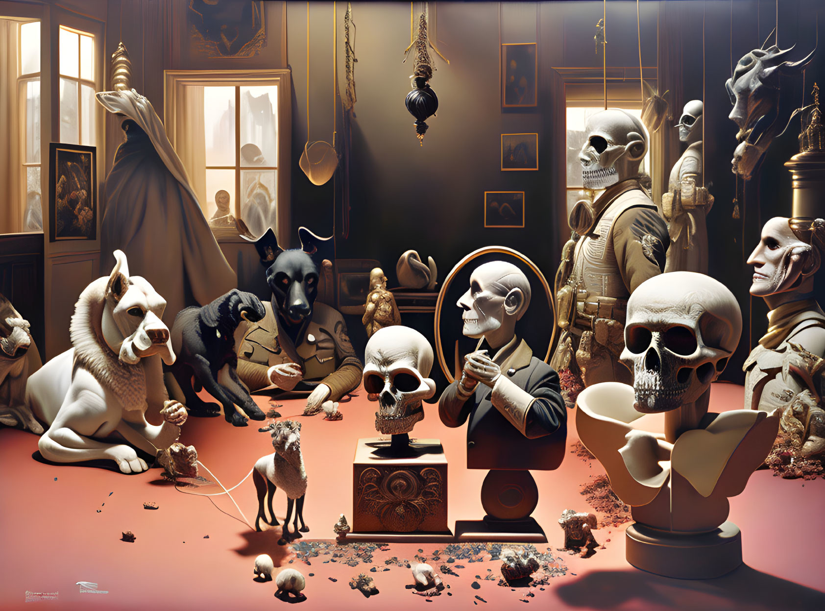 Skeletons and Dogs in Surreal Room Illustration