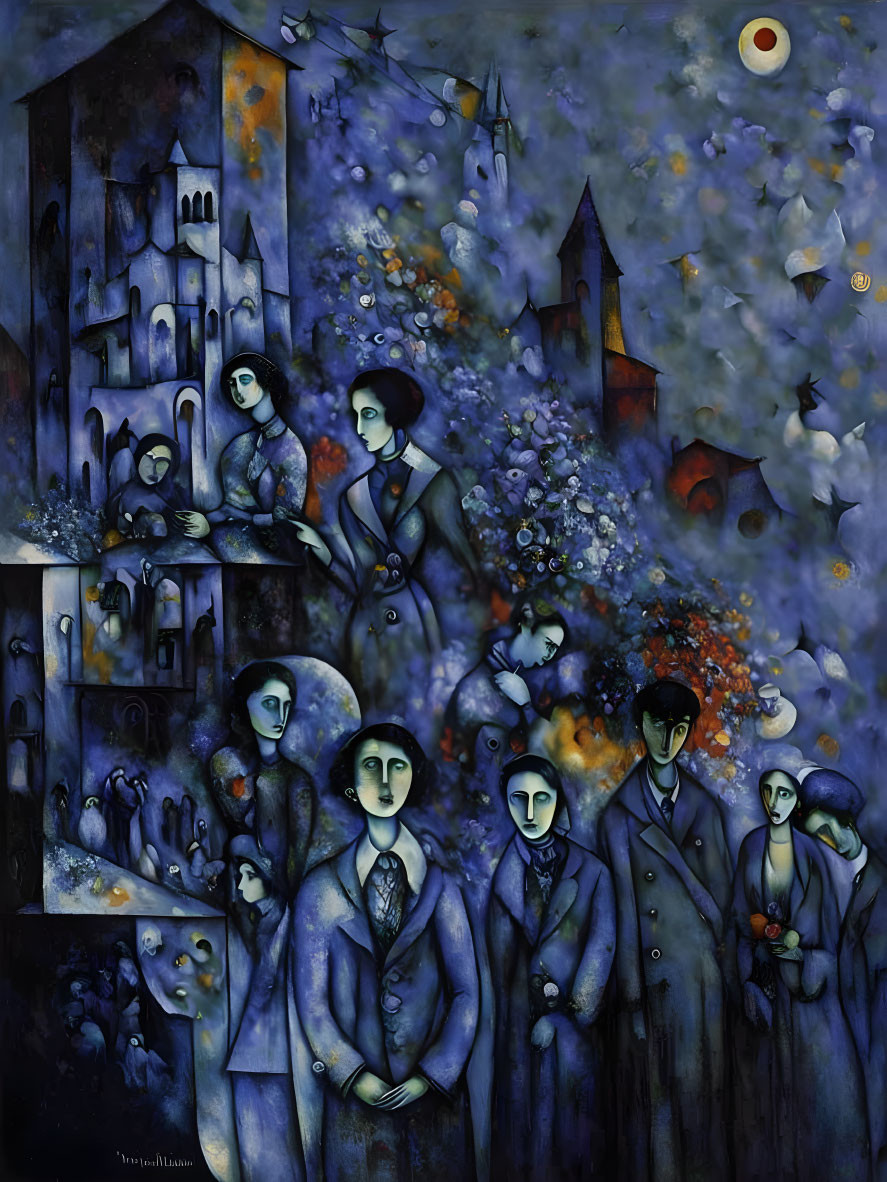 Surreal painting of stylized figures in blue tones with elongated features