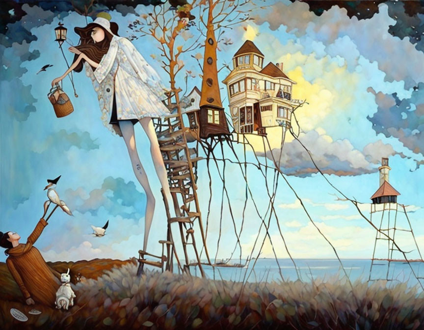 Whimsical painting of girl on stilts, boy with birds, lighthouse in surreal landscape