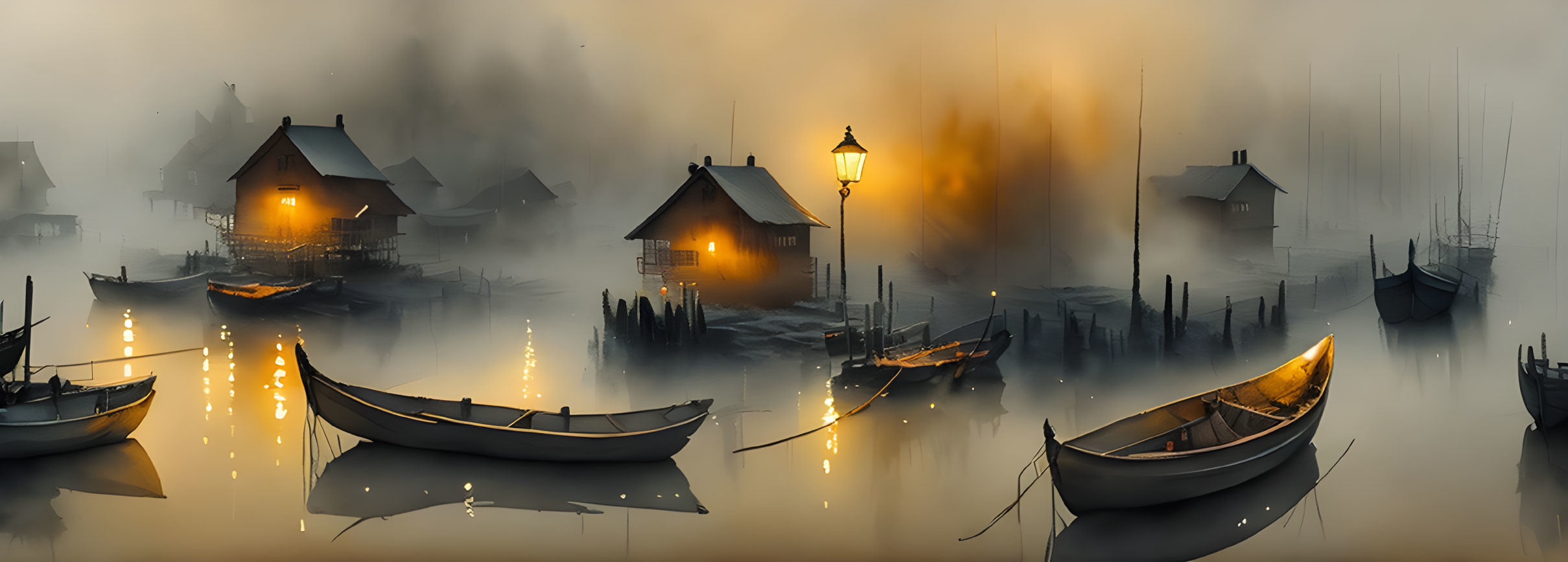 Tranquil lakeside dusk with lanterns, boats, and reflections