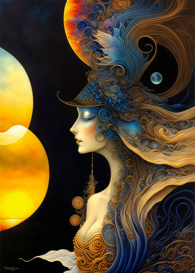 Cosmic-themed woman with flowing hair and bird in warm tones