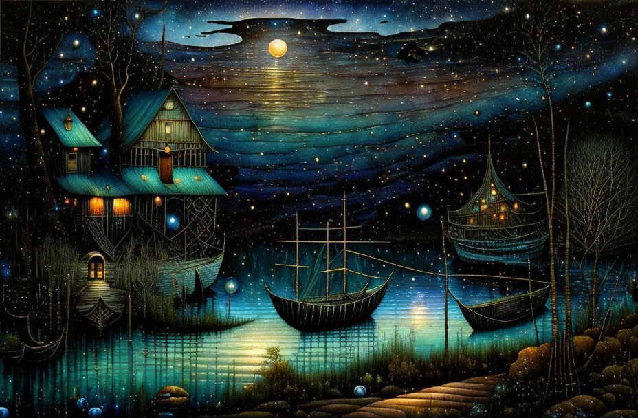 Night scene with full moon, starry sky, calm water, boats, house, and trees in