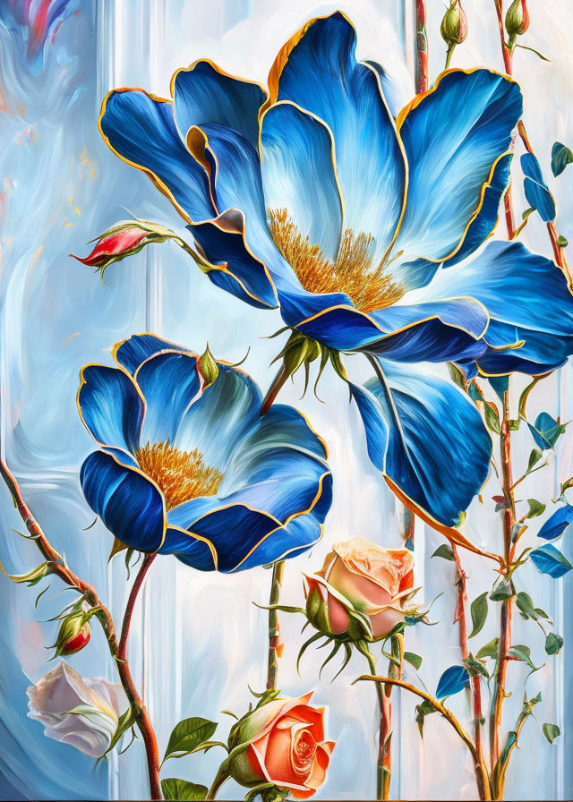 Vibrant blue flowers and pink roses on a golden-edged painting.