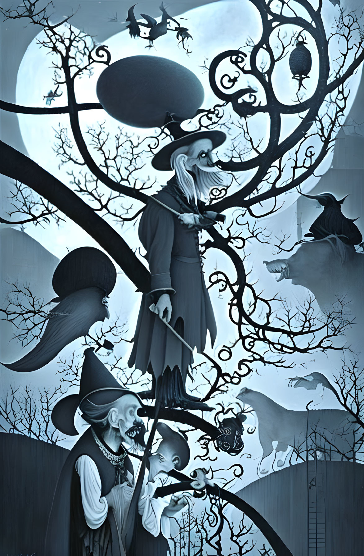 Whimsical eerie illustration of stylized witches and birds under a full moon in blue tones