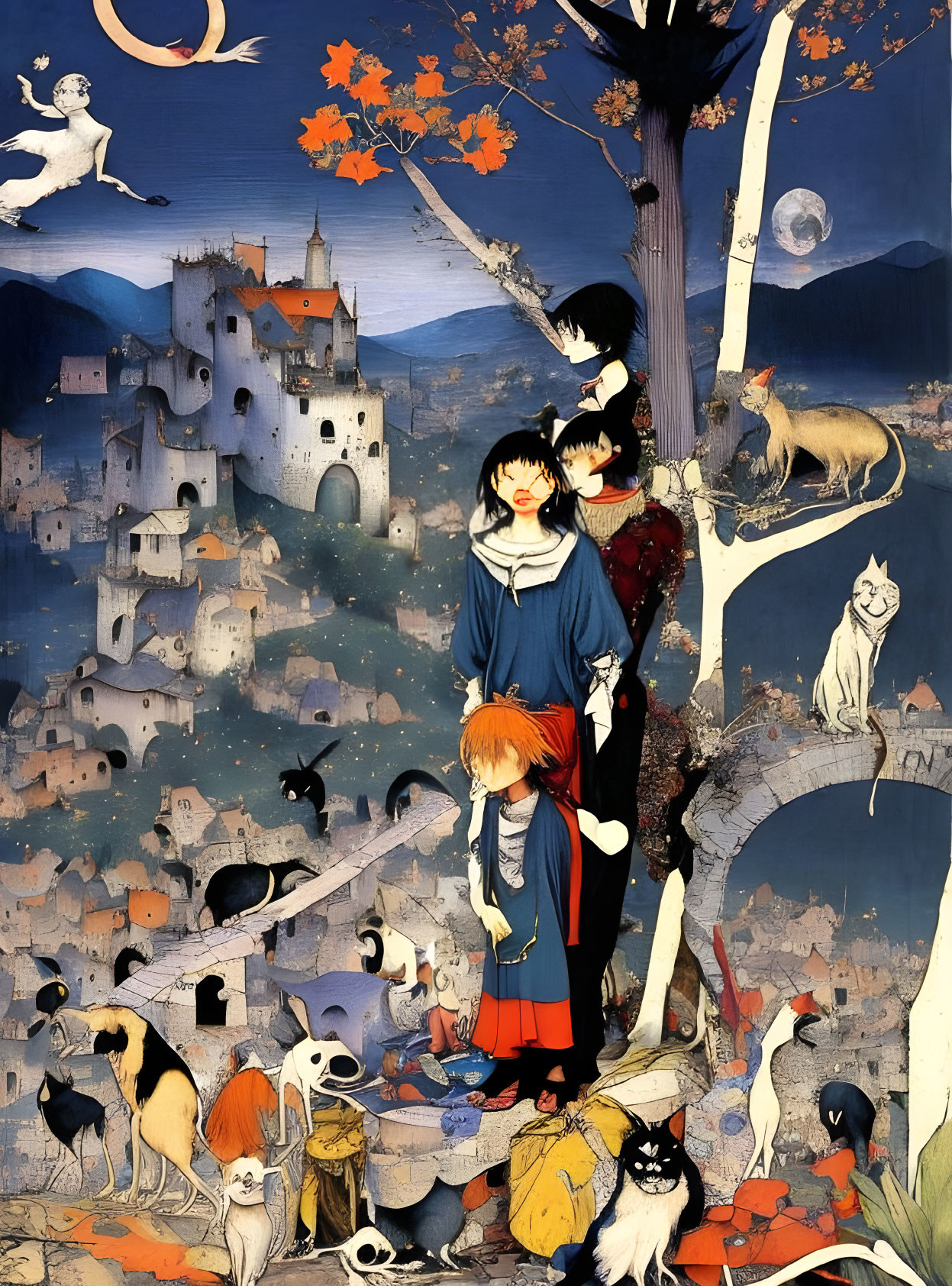 Whimsical artwork: Three figures, animals, fantastical town under night sky