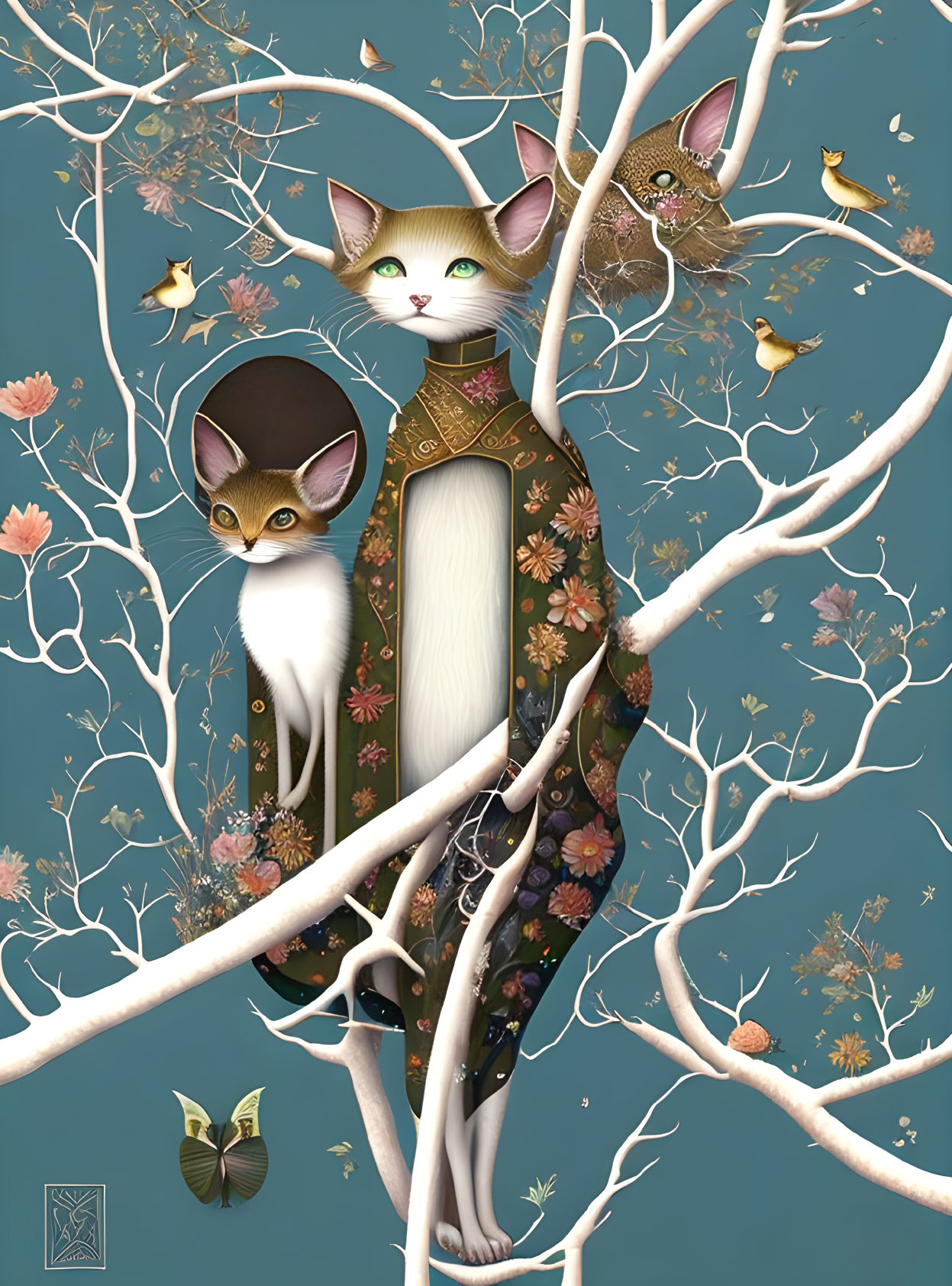 Anthropomorphic cat in elegant attire on branch with smaller cat and birds in whimsical floral tree scene