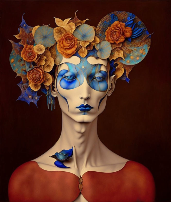 Surreal portrait of figure with blue skin, vibrant eyes, and floral headdress