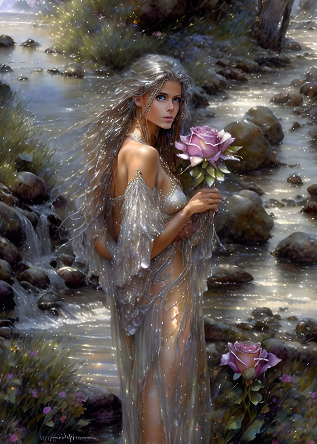 Silver-haired woman with blue eyes holding a purple rose by a rocky stream