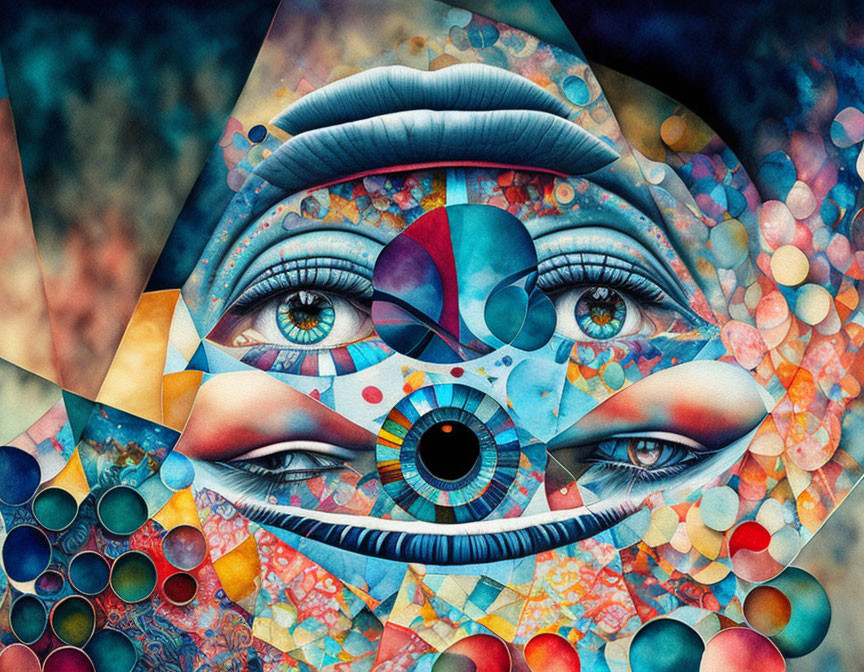 Colorful Abstract Art: Face with Kaleidoscopic Patterns and Central Eye