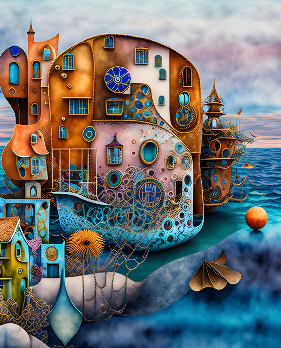 Surreal colorful digital artwork: architectural blend with organic shapes