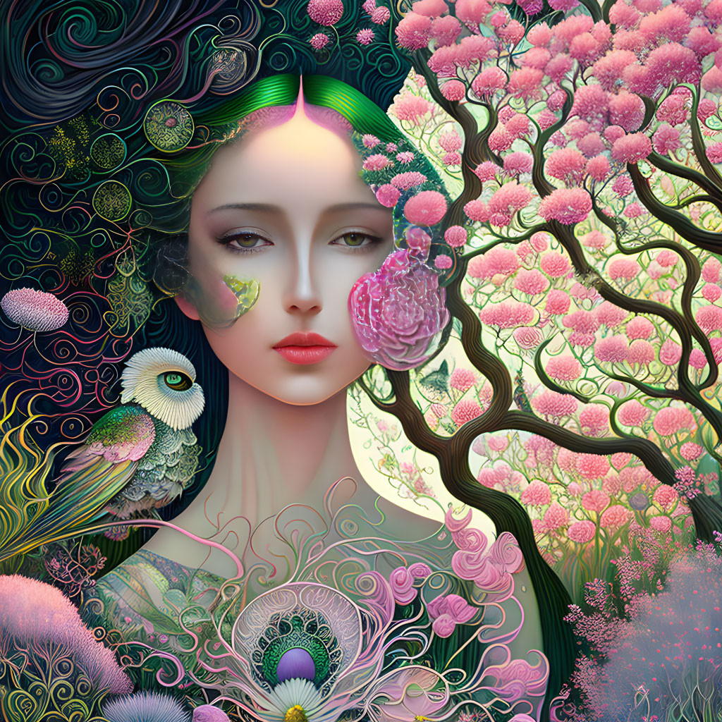 Surreal portrait of woman with green hair and vibrant floral elements